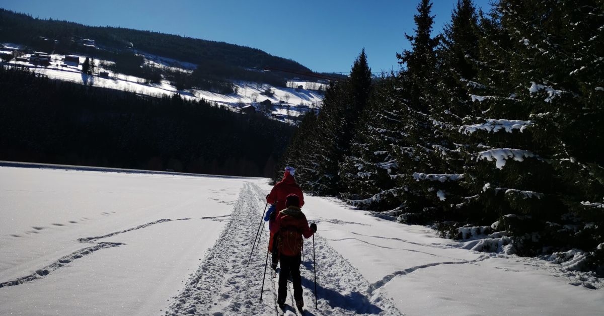 En voksen og barn som går på ski i nydelig solskinn.